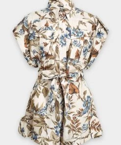 ZIMMERMANN Aliane Roll Cuff Playsuit In Khaki Floral