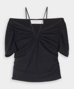 Jonathan Simkhai Standard Amalie Off Shoulder Halter Tie Top In Black