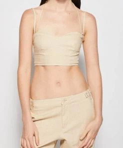 Jonathan Simkhai Standard Just In Amelie Linen Suiting Sweetheart Bustier Bra In Wheat