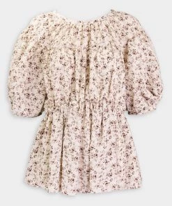 GOEN.J Just In Ballon Sleeved Floral Print Cloqué Top In Cream