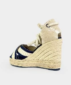 Castañer Belisa Ankle Wrap Wedge Sandal In Azul Marino/Crudo