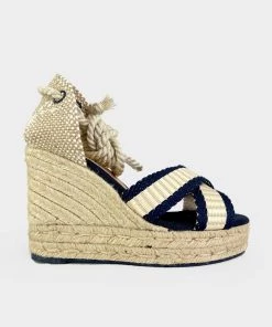 Castañer Belisa Ankle Wrap Wedge Sandal In Azul Marino/Crudo