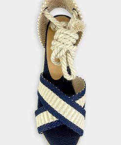 Castañer Belisa Ankle Wrap Wedge Sandal In Azul Marino/Crudo