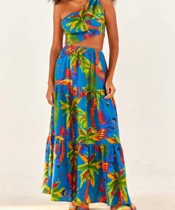 FARM Rio Blue Sunny Day One Shoulder Maxi Dress