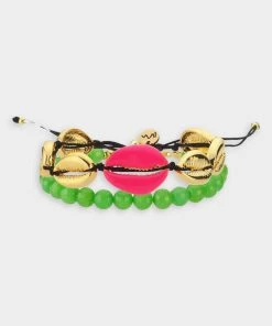 MAISON IREM Just In Bracelet Set Biarritz In Pink Shell Green Beads Combi