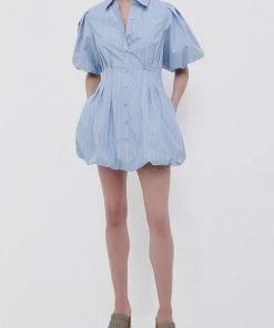 Jonathan Simkhai Cleo Balloon Pintuck Mini Dress In Classic Blue Stripe Just In