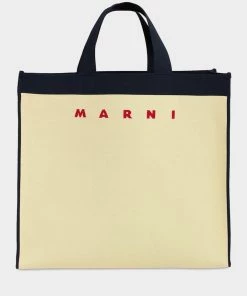 MARNI Colorblock Cotton Shopper Tote Bag In Ecru And Blue