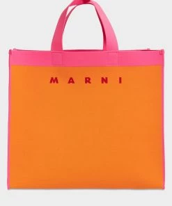 MARNI Just In Colorblock Cotton Shopper Tote Bag In Orange And Fuchsia