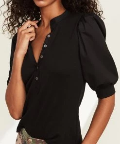 Veronica Beard Coralee Puffed-Sleeve Top In Black Just In
