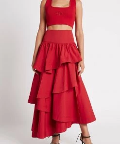 Aje. Cosmos Tiered Frill Midi Skirt In Scarlet Red