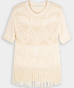 Jonathan Simkhai Delphine Macrame Short Sleeve Top In Ivory