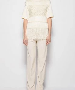 Jonathan Simkhai Delphine Macrame Short Sleeve Top In Ivory