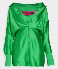 GAUGE81 Just In Devin Layered Button-Down Long Sleeve Dress In Kelly Green