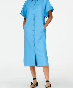 Tibi Eco Poplin Rolled Sleeve Shirtdress In Kairi Blue Just In