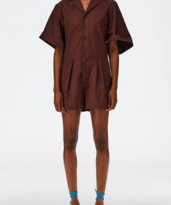 Tibi Eco Poplin Short Jumpsuit In Brown