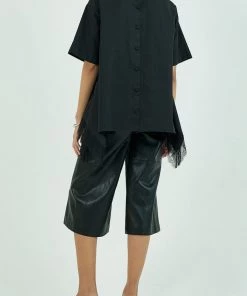 GOEN.J Embellished Lace Trimmed Short Sleeve Blouse In Black
