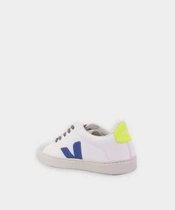 Veja Just In Esplar Laces Chromefree Leather In White Indigo Jaune Fluo For Kids