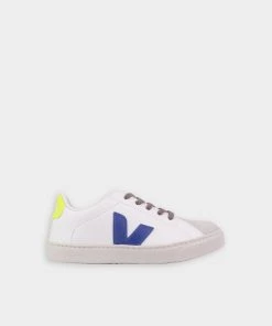 Veja Just In Esplar Laces Chromefree Leather In White Indigo Jaune Fluo For Kids