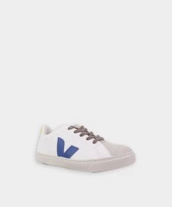 Veja Just In Esplar Laces Chromefree Leather In White Indigo Jaune Fluo For Kids