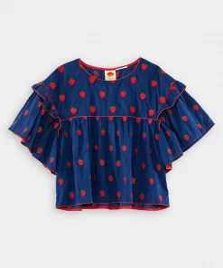 FARM Rio Just In Strawberry Cross Stitch Blouse In Navy Blue