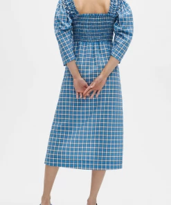 GANNI Seersucker Shirred Midi Dress In Check Azure Blue Just In