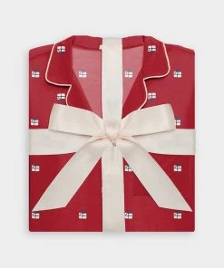 EBERJEY Just In Gisele Printed Long PJ Set With Ribbon In Presents Haute Red/Bone