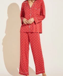 EBERJEY Just In Gisele Printed Long PJ Set With Ribbon In Presents Haute Red/Bone