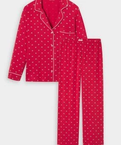 EBERJEY Just In Gisele Printed Long PJ Set With Ribbon In Presents Haute Red/Bone