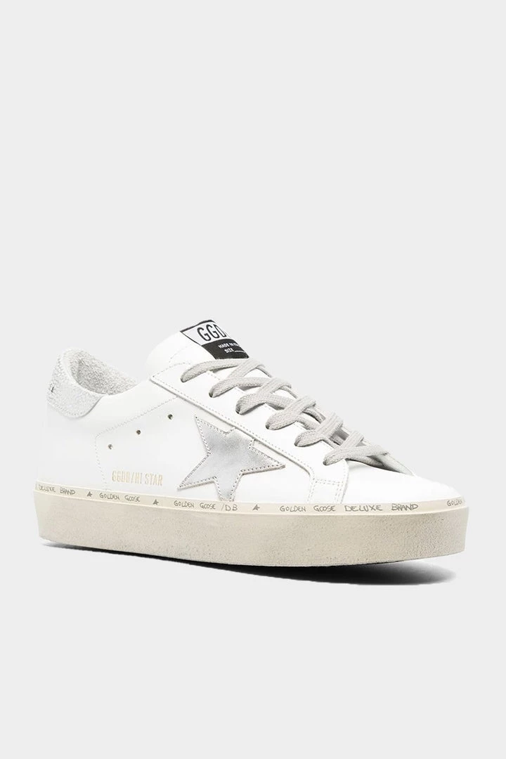 Golden Goose Hi-Star Laminated Star Leather Sneaker In White/Silver Just In 2 Golden Goose Hi-Star Laminated Star Leather Sneaker In White/Silver Just In