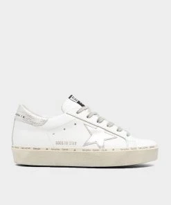 Golden Goose Hi-Star Laminated Star Leather Sneaker In White/Silver Just In