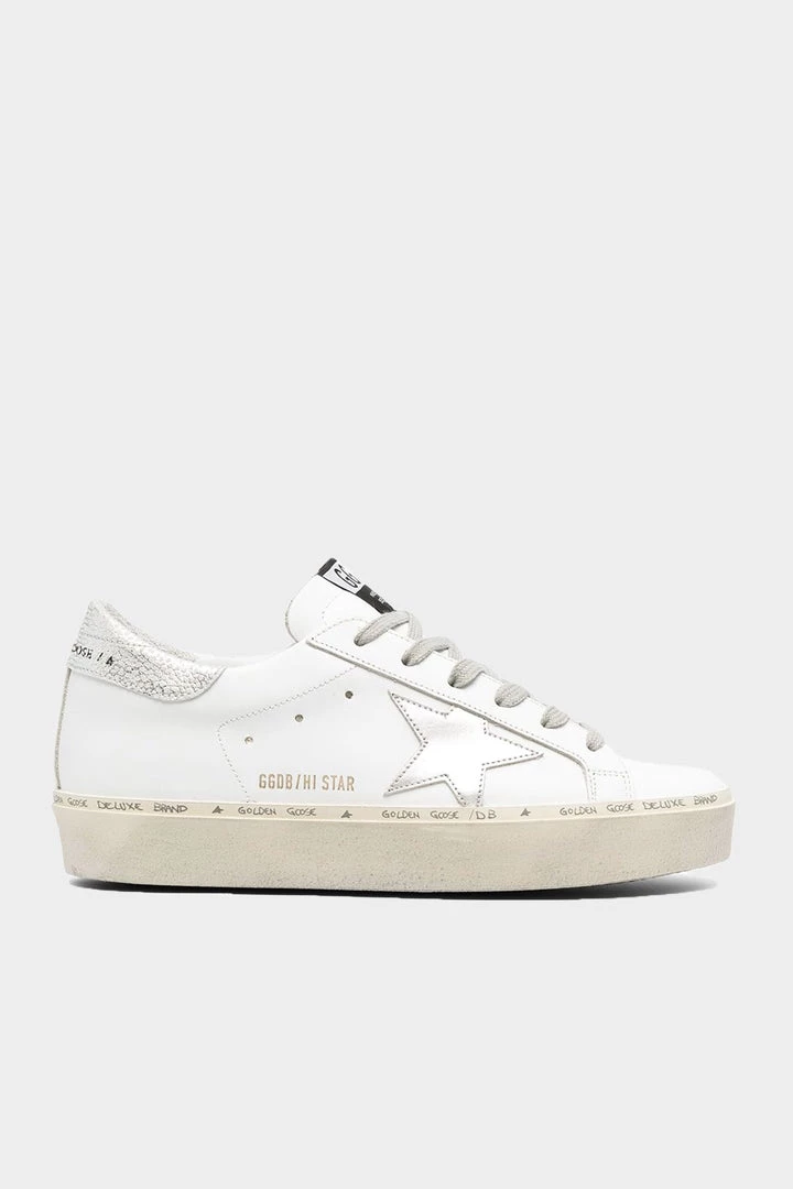 Golden Goose Hi-Star Laminated Star Leather Sneaker In White/Silver Just In 1 Golden Goose Hi-Star Laminated Star Leather Sneaker In White/Silver Just In