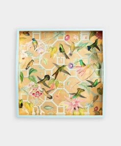 Caspari Hummingbird Trellis Lacquer Square Tray In Ivory