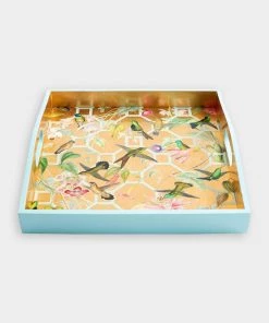 Caspari Hummingbird Trellis Lacquer Square Tray In Ivory