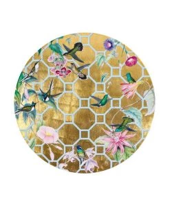 Caspari Home & Beauty Hummingbird Trellis Round Lacquer Placemat In Gold