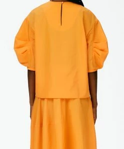 Tibi Italian Sporty Nylon Pleat Sleeve Top In Orange