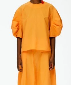 Tibi Italian Sporty Nylon Pleat Sleeve Top In Orange