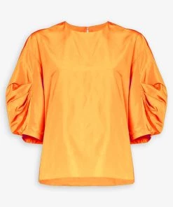 Tibi Italian Sporty Nylon Pleat Sleeve Top In Orange