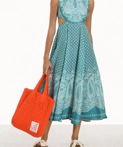 Zimmermann Just In Jude Paisley Sleeveless Midi Dress In Teal Paisley