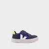 Veja V-12 Velcro Chromefree Leather In Cobalt White Jaune Fluo For Kids