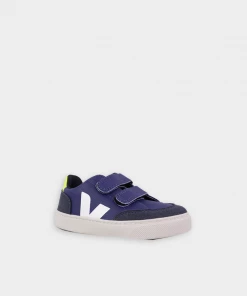 Veja V-12 Velcro Chromefree Leather In Cobalt White Jaune Fluo For Kids