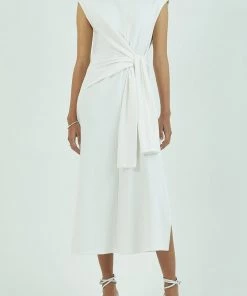 GOEN.J Knotted Detail Cotton Jersey Midi Dress In Ivory Just In