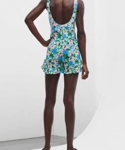 GANNI Just In Light Cotton Ruffle Shorts In Floral Azure Blue