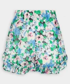 GANNI Just In Light Cotton Ruffle Shorts In Floral Azure Blue