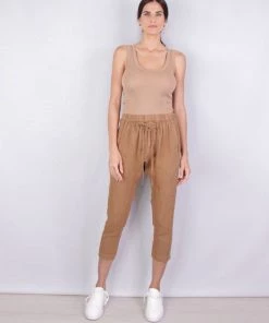 Enza Costa Just In Linen Drawcord Droprise Pant In Brown