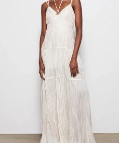 Jonathan Simkhai Standard Loli Pleated Organdy Strappy Gown In Tan