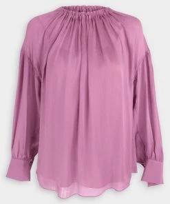 Vince. Long Sleeve Shirred Neck Blouse In Camellia