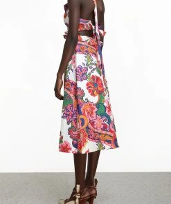 ZIMMERMANN Featured Designers Lovestruck Tie Back Midi Dress In Natural Paisley Floral