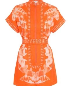 ZIMMERMANN Lulu Zip Playsuit In Orange Tie Dye Featured Designers