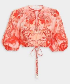 Zimmermann Lyre Crop Blouse In Red Palm Just In