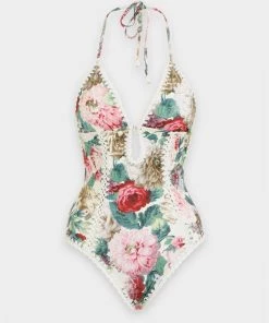 ZIMMERMANN Mae Crochet Edge Swimsuit In Rose Floral Featured Designers